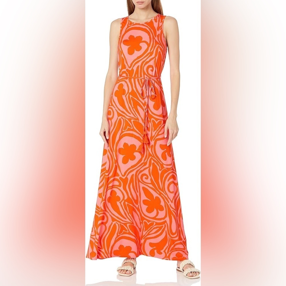Trina Turk Printed Jersey Maxi Dress in Orange Pink Floral Print Size Medium.
